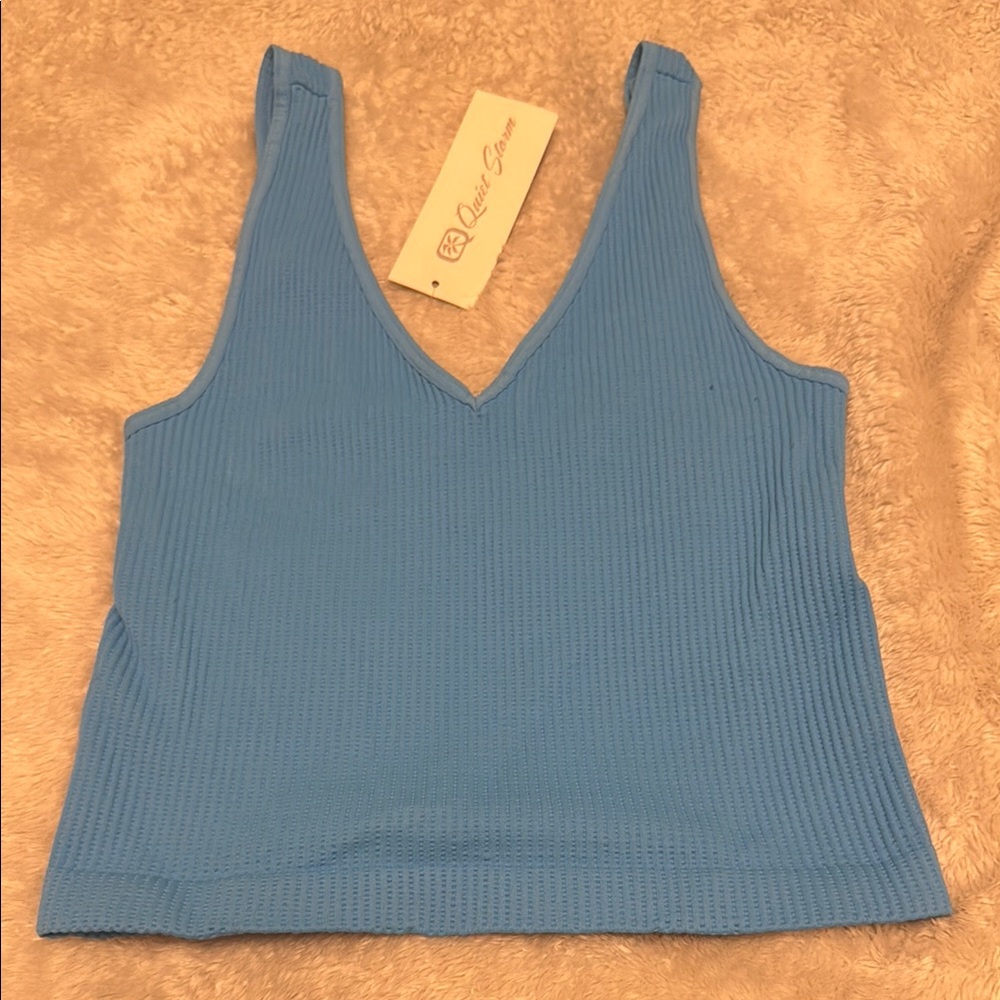 Blue Ribbed V-Neck Top Quiet Storm